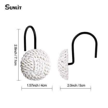 Sunlit Boho Knots Double Shower Curtain Hooks, Home Decorative White Shower Curtain Rings for Bathroom, Seaside Nautical Shower Curtain Hangers Bathroom Accessories, Set of 12