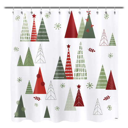 Sunlit Geometric Modern Design Christmas Shower Curtain Christmas Tree Bathroom Home Office Holiday Wall Decoration as Tapestry and Photo Booth Backdrop Red Green White Printed