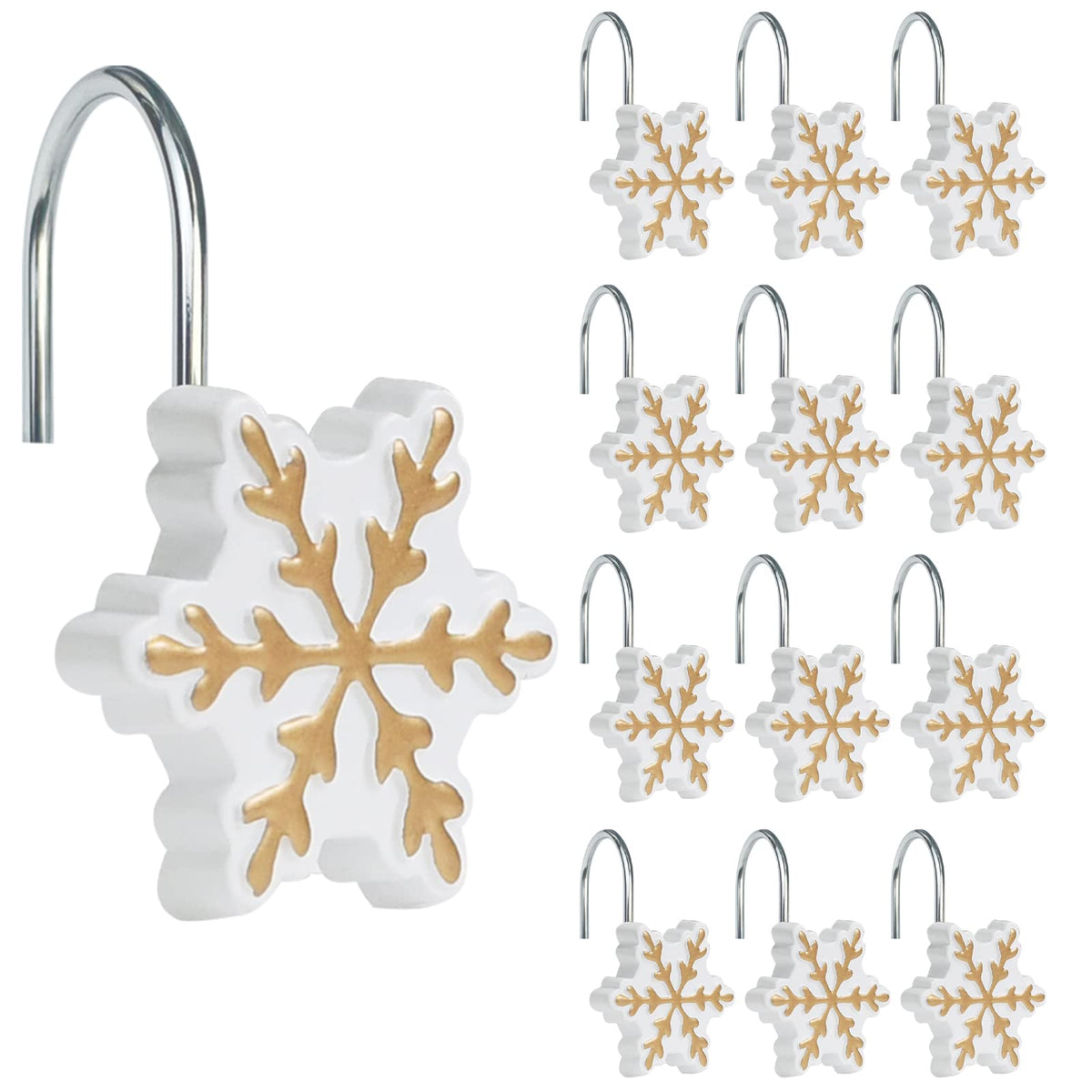 Sunlit Christmas Shower Curtain Hooks Snowflakes Double Shower Curtain Rings, Resin, Red and White Christmas Decor, Winter Bathroom Decoration - 12 Pack