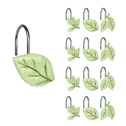 Light Green Plant Leaves Decorative Shower Curtain Hooks, Tropical Botanical Plam Tree Leaf Shower Curtain Rings for Bathroom, Resin, Cute Shower Curtain Hanger Hooks Bathroom Decor, Set of 12