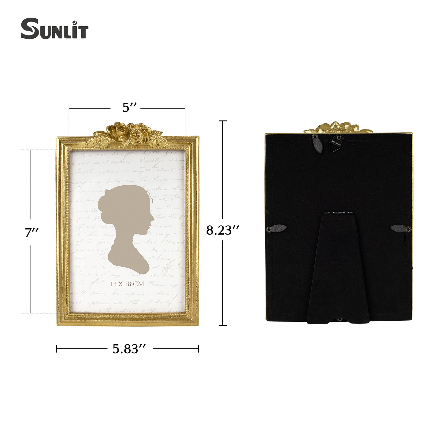 Sunlit Vintage Picture Frame 5x7 Inch, Luxury Antique Photo Frames with Glass Front, Luxury Photo Display, Tabletop Wall Hanging, Gift Ideas, Golden Rose