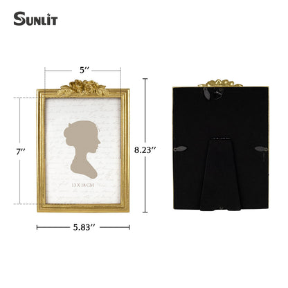 Sunlit Vintage Picture Frame 5x7 Inch, Luxury Antique Photo Frames with Glass Front, Luxury Photo Display, Tabletop Wall Hanging, Gift Ideas, Golden Rose
