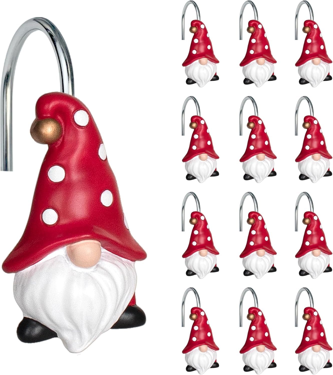 Sunlit Christmas Shower Curtain Hooks, Gnome Shower Curtain Rings, Hand Painted Resin Christmas Decor, Winter Bathroom Decoration, Red Hat with White Polka Dot, Set of 12