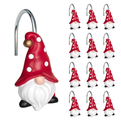 Sunlit Christmas Shower Curtain Hooks, Gnome Shower Curtain Rings, Hand Painted Resin Christmas Decor, Winter Bathroom Decoration, Black Green Red with Star, Set of 12