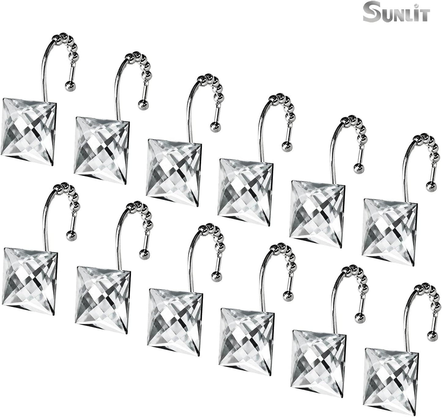 Sunlit Square Rhinestone Shower Curtain Hooks with Glide Balls, 12 Pack