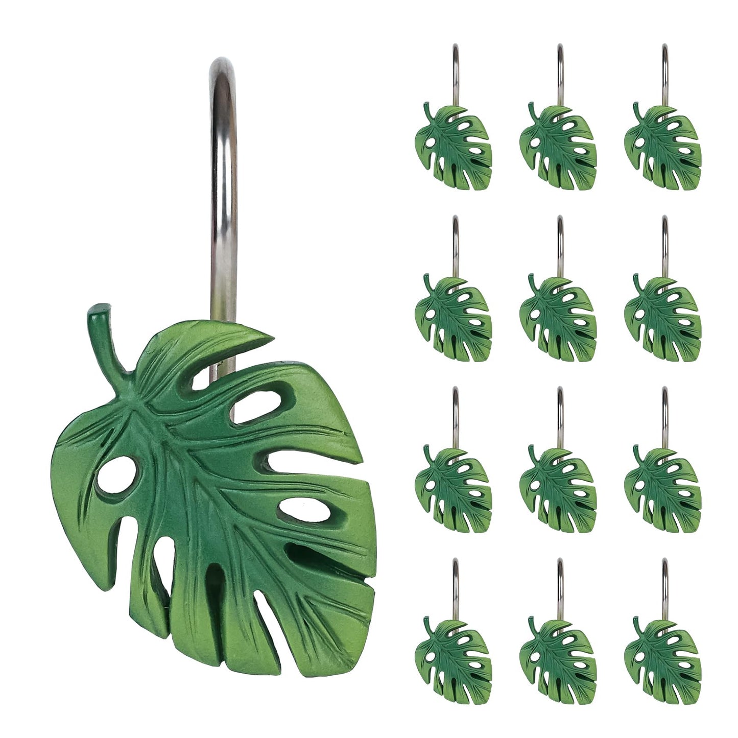 Tropical Leaf Decorative Shower Curtain Hooks Green Botanical Shower Curtain Rings, Resin, Monstera Deliciosa Leaves Shower Curtain Hangers for Bathroom, Set of 12