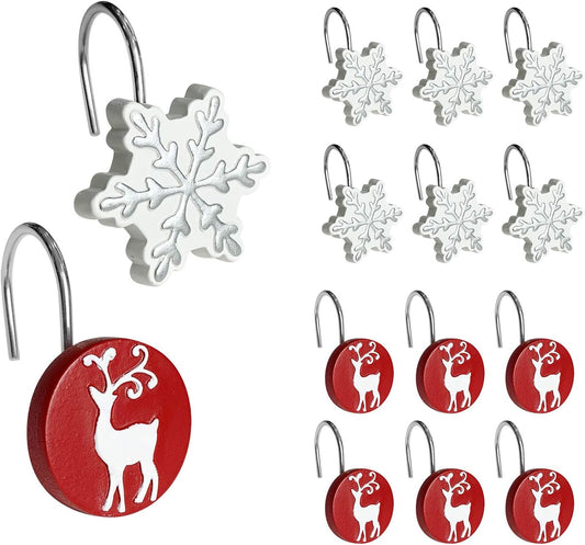 Sunlit Christmas Shower Curtain Hooks Winter Decorative Shower Curtain Rings, Silver Snowflakes and Reindeer, Resin, White Red Winter Bathroom Decoration - 12 Pack