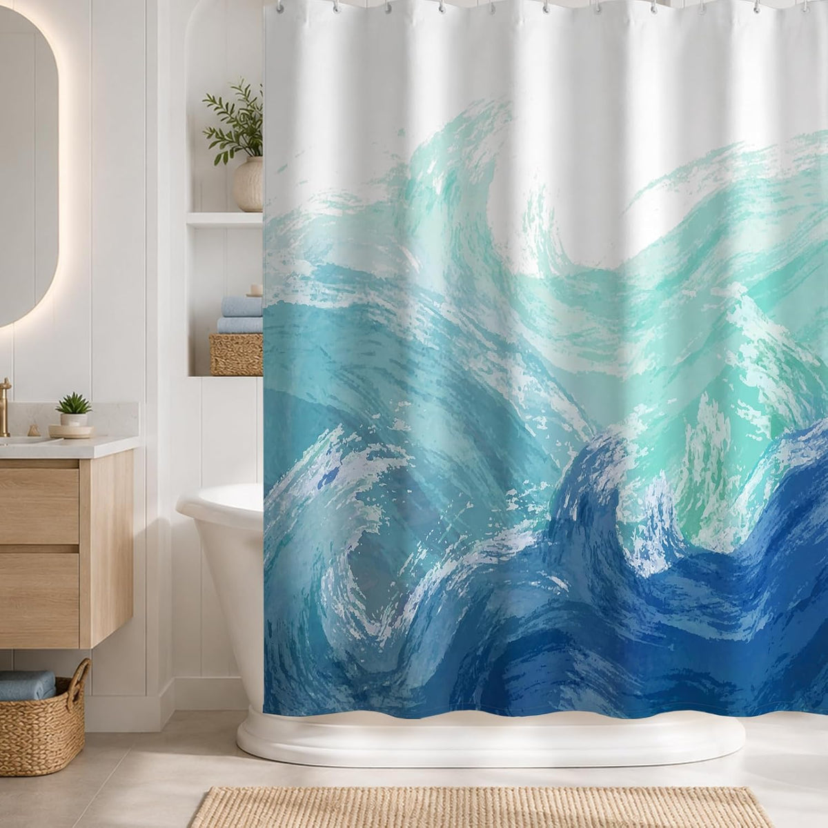 Sunlit Wave Shower Curtain, Ombre Blue and Green Ocean Theme Shower Curtain for Bathroom Modern Decor Waterproof Tapestry, 72x72 Inch
