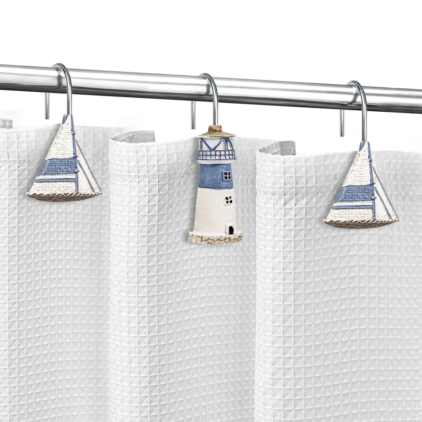 Sunlit Nautical Shower Curtain Hooks, Home Decorative Coastal Shower Curtain Rings for Bathroom, Resin, Ocean Shower Curtain Hanger Hooks for Living Room, Set of 12, Blue Lighthouse Sailboat