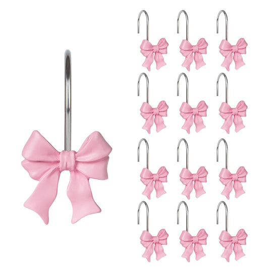 Sunlit Cute Bow Knot Shower Curtain Hooks, Home Decorative Shower Curtain Rings for Bathroom, Resin Shower Curtain Hangers Bathroom Accessories, Set of 12, Pink