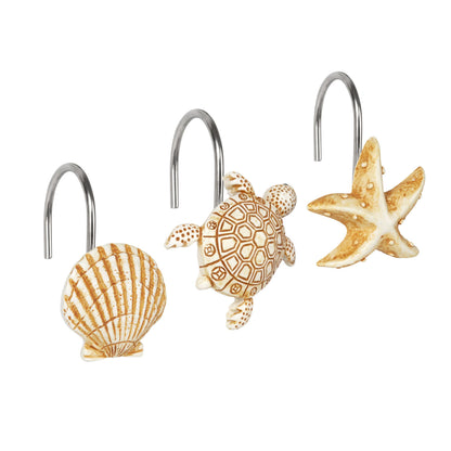 Sunlit Seashells Decorative Shower Curtain Hooks, Scallop Nautilus & Seahorse Shower Curtain Rings, Seashell Blush, Resin, Nautical Bathroom Decoration Beach Shower Curtain Hooks-12 Pack