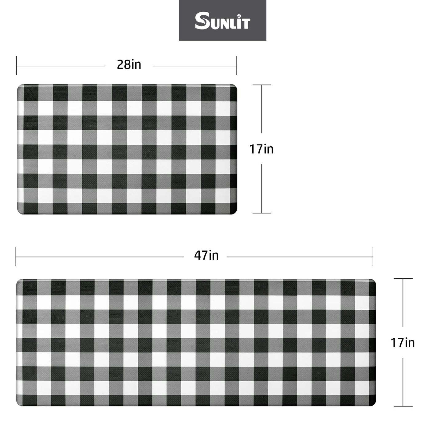 Sunlit Set of 2 Anti Fatigue Kitchen Floor Mat, Non Slip Waterproof Comfort Standing Mat, 0.4 Inch Thick Cushioned Farmhouse Kitchen Rug Runner, White Red Buffalo Check (17"x28"&17"x47")