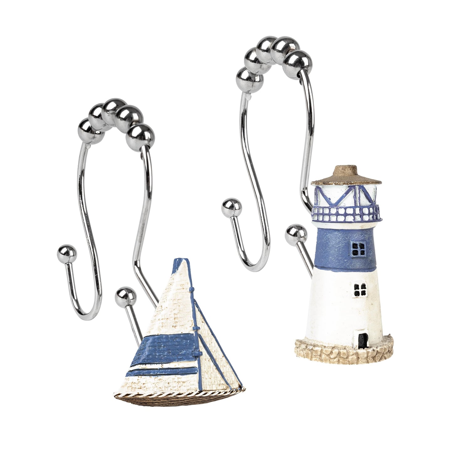 Sunlit Nautical Shower Curtain Hooks, Home Decorative Coastal Shower Curtain Rings for Bathroom, Resin, Ocean Shower Curtain Hanger Hooks for Living Room, Set of 12, Blue Lighthouse Sailboat