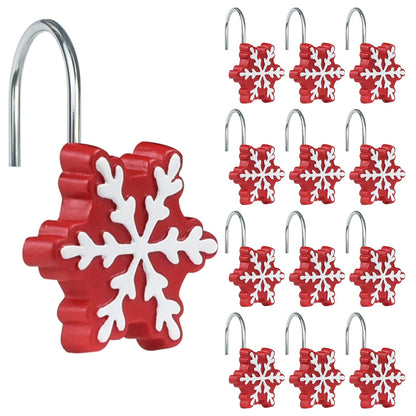 Sunlit Christmas Shower Curtain Hooks Snowflakes Double Shower Curtain Rings, Resin, Red and White Christmas Decor, Winter Bathroom Decoration - 12 Pack