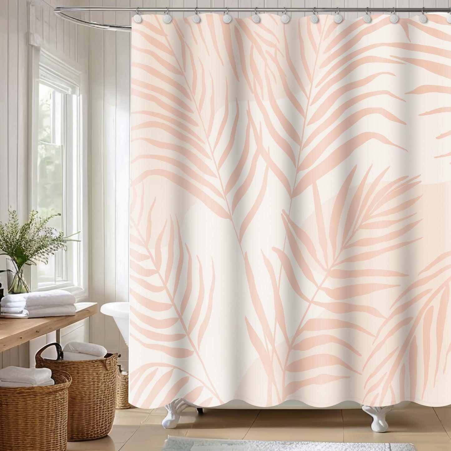 Sunlit Pink Textured Slubbed Fabric Shower Curtain, Mid Century Modern Palm Leaf Shower Curtains for Bathroom Decoration, Boho Botanical Bathroom Curtains, 72x72