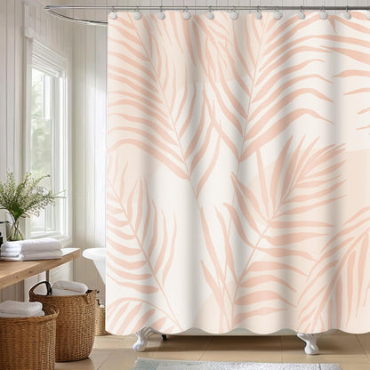 Sunlit Pink Textured Slubbed Fabric Shower Curtain, Mid Century Modern Palm Leaf Shower Curtains for Bathroom Decoration, Boho Botanical Bathroom Curtains, 72x72