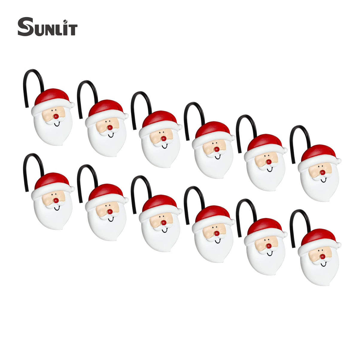 Sunlit Merry Christmas Shower Curtain Hooks Smiling Santa Claus Shower Curtain Rings, Resin, Christmas Decor, Winter Bathroom Decoration - 12 Pack