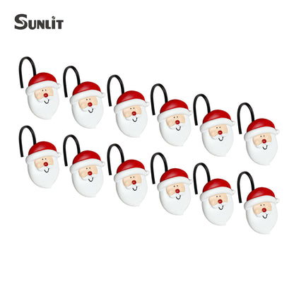 Sunlit Merry Christmas Shower Curtain Hooks Smiling Santa Claus Shower Curtain Rings, Resin, Christmas Decor, Winter Bathroom Decoration - 12 Pack