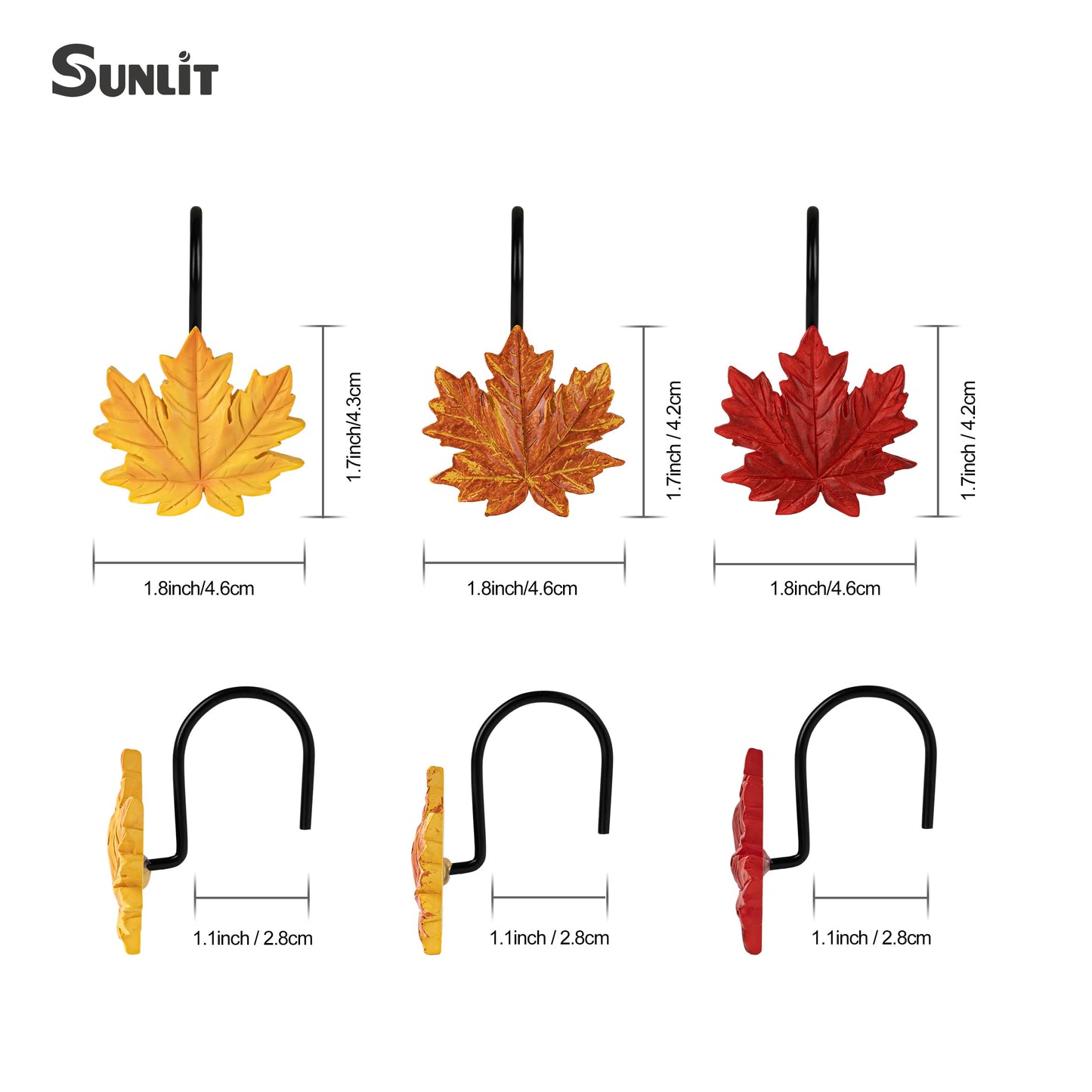 Sunlit Fall Autumn Decorative Shower Curtain Hooks, Pumpkin Maple Leaf Squirrel Acorn Shower Curtain Rings with Black Hooks, Resin, Orange Leaves Cute Bathroom Curtain Hangers Decoration, Set of 12