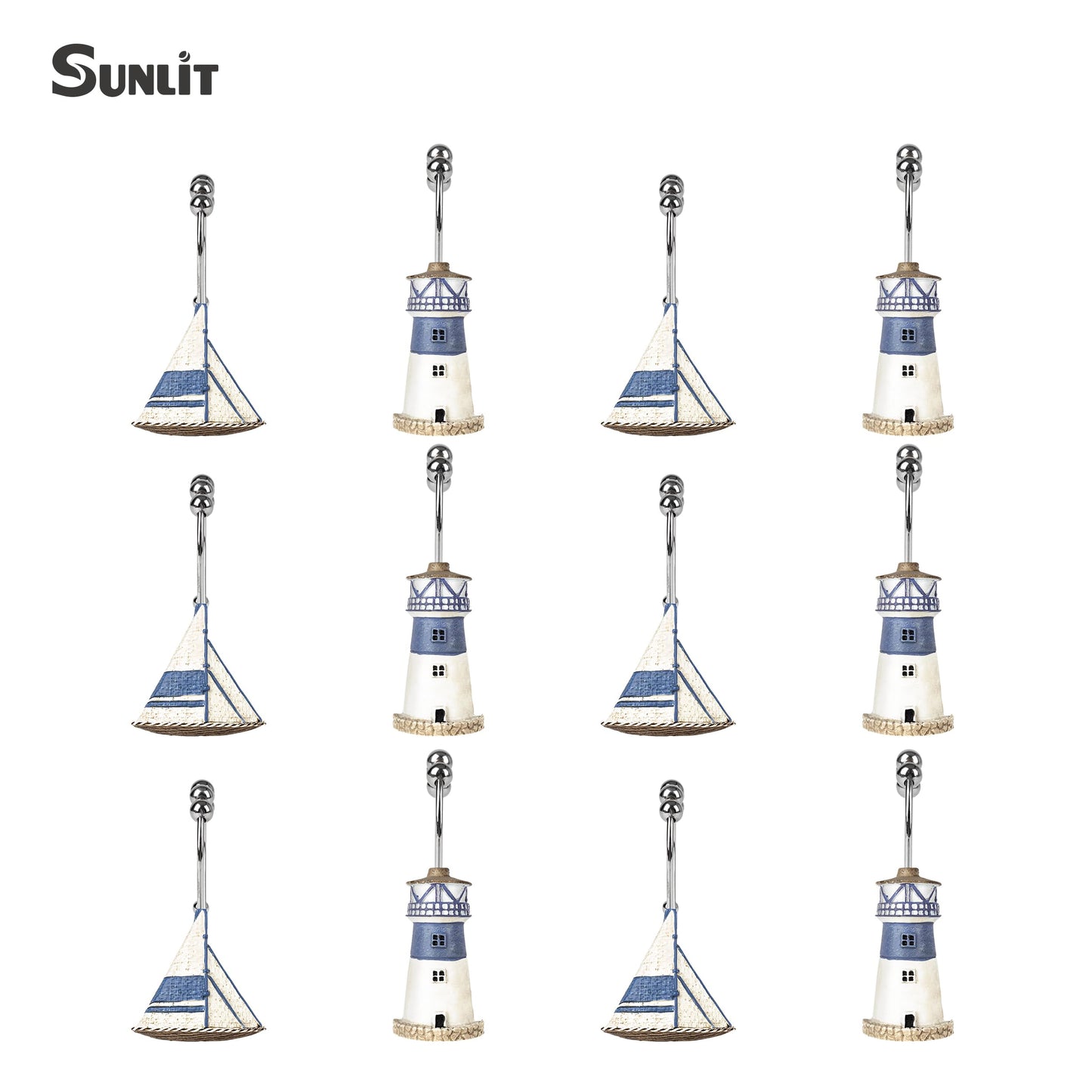 Sunlit Nautical Shower Curtain Hooks, Home Decorative Coastal Shower Curtain Rings for Bathroom, Resin, Ocean Shower Curtain Hanger Hooks for Living Room, Set of 12, Blue Lighthouse Sailboat