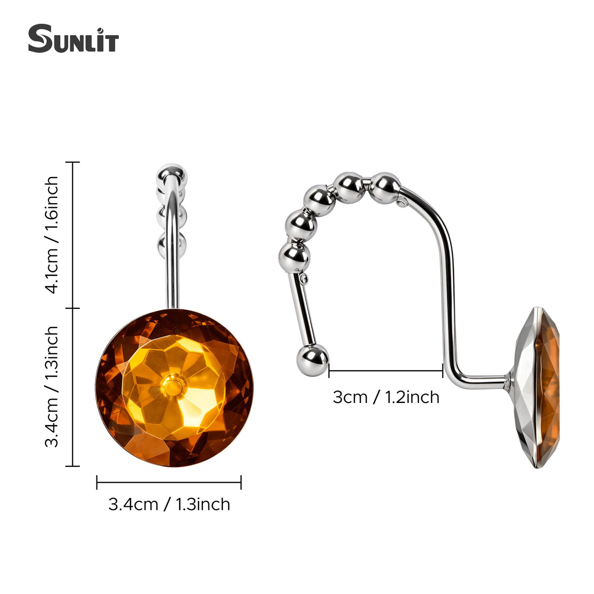 Sunlit Round Rhinestone Shower Curtain Hooks with Glide Balls, 12 Pack