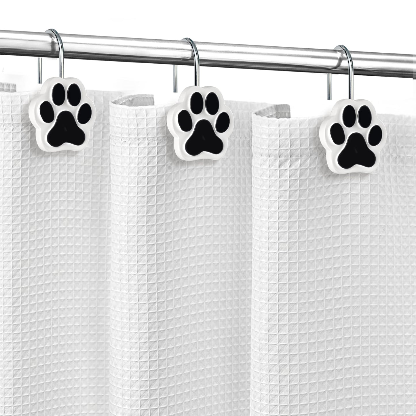 Sunlit Cute Paw Print Decorative Shower Curtain Hooks for Dog Cat Bear, Resin, Lovely Shower Curtain Rings for Kids, Bathroom Decoration Curtain, 12 Pack, Black and White