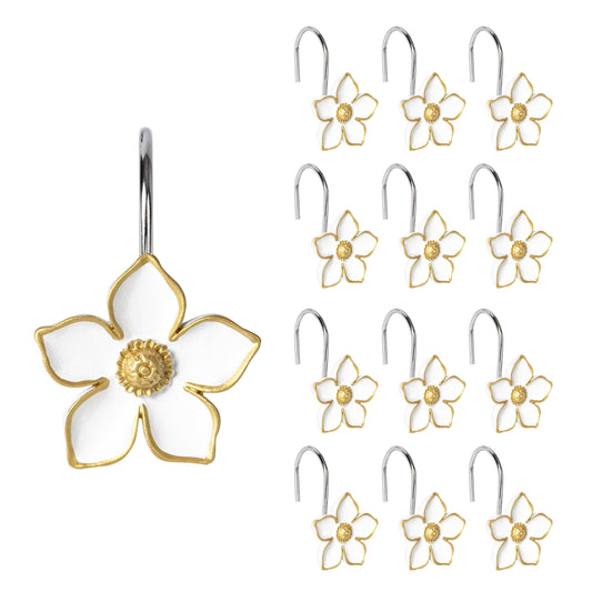 Sunlit Flower Shower Curtain Hooks, Home Decorative Shower Curtain Rings for Bathroom, Resin, White with Gold Edges Floral Shower Curtain Hanger Hooks for Living Room, Set of 12