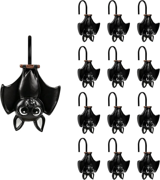Sunlit Upside Down Bat Shower Curtain Hooks, Home Decorative Shower Curtain Rings for Bathroom, Halloween Shower Curtain Hangers Bathroom Accessories, Set of 12, Black