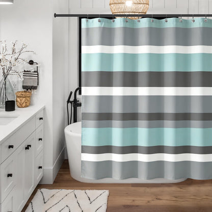 Sunlit Sage Green Gray Horizontal Stripes Water-Repellent Fabric Shower Curtain with Reinforced Metal Grommets Refreshing Striped Design Bathroom Decor, 72x72