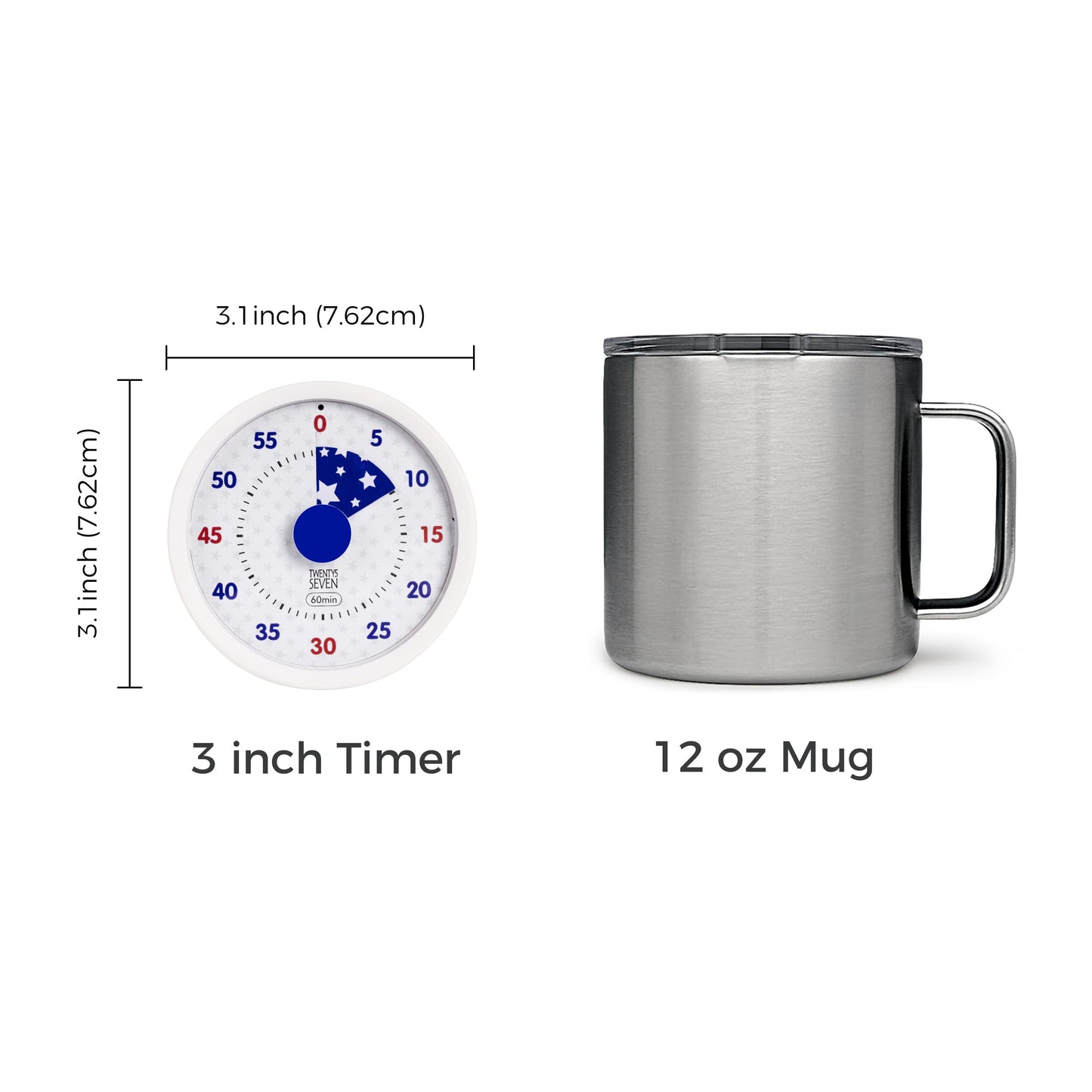 TWENTY5 SEVEN Countdown Timer 3 inch, Silent 60 Minute 1 Hour Visual Timer with Pause, Magnetic Classroom Teaching Tool Office Meeting, Countdown Clock for Kids Time Management, Red White and Blue