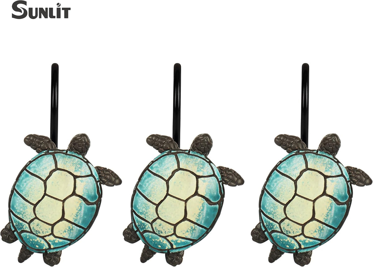 Sunlit Tilt Sea Turtle Shower Curtain Hooks, Home Decorative Shower Curtain Rings with Black Hooks for Bathroom, Resin, Ocean Shower Curtain Hanger Hooks for Kid Room Living Room, Set of 12