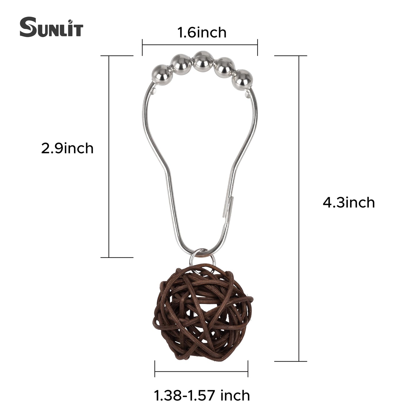Sunlit Boho Decorative Rattan Balls Shower Curtain Hooks, Wicker Orbs Shower Curtain Rings for Bathroom, Farmhouse Shower Curtain Hangers Bathroom Accessories, Set of 12, Brown
