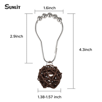 Sunlit Boho Decorative Rattan Balls Shower Curtain Hooks, Wicker Orbs Shower Curtain Rings for Bathroom, Farmhouse Shower Curtain Hangers Bathroom Accessories, Set of 12, Brown