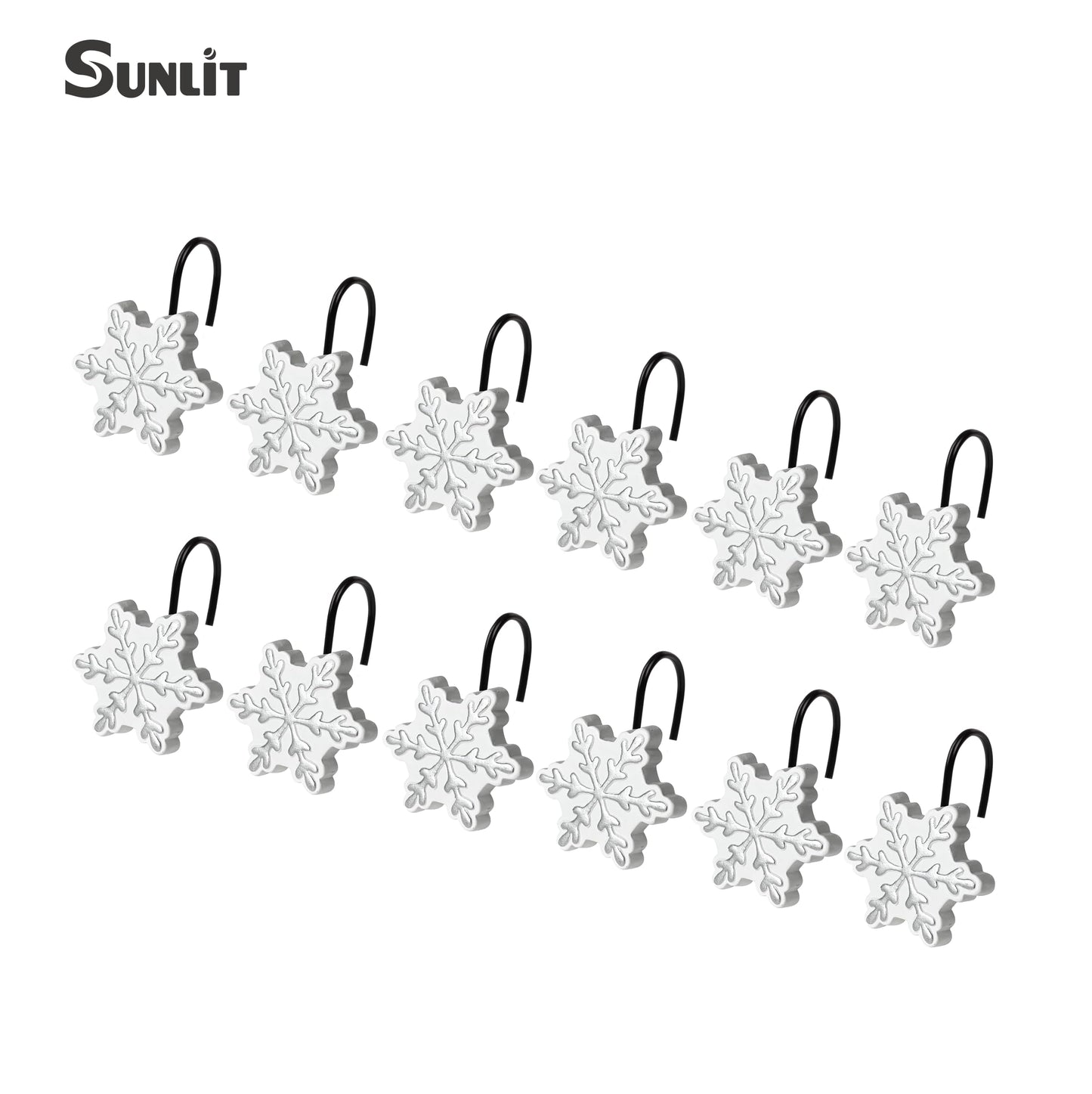 Sunlit Christmas Shower Curtain Hooks Snowflakes Double Shower Curtain Rings, Resin, Red and White Christmas Decor, Winter Bathroom Decoration - 12 Pack