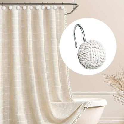 Sunlit Boho Knots Double Shower Curtain Hooks, Home Decorative White Shower Curtain Rings for Bathroom, Seaside Nautical Shower Curtain Hangers Bathroom Accessories, Set of 12