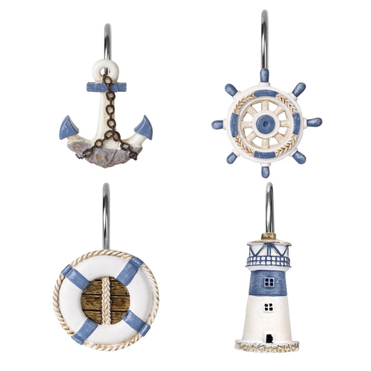 Sunlit Nautical Shower Curtain Hooks, Home Decorative Coastal Shower Curtain Rings for Bathroom, Resin, Ocean Shower Curtain Hanger Hooks for Living Room, Set of 12, Blue Lighthouse Sailboat