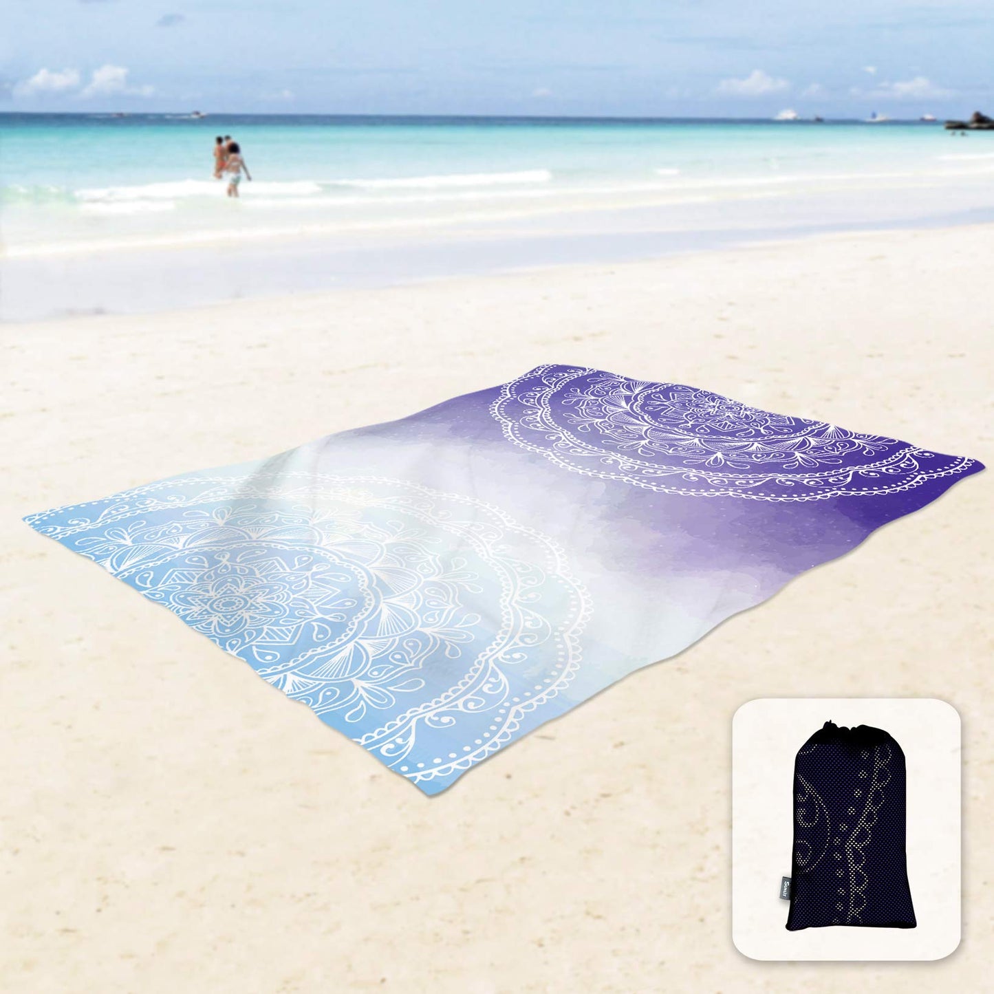 Sunlit 10'x9' Extra Large Boho Sand Proof Beach Blanket, Sand Proof Mat with Corner Pockets and Mesh Bag for Beach Party, Travel, Camping and Outdoor Music Festival, Light Orange and Sky Blue Mandala