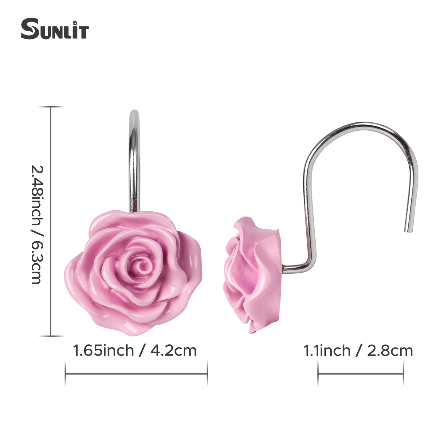 Sunlit Rose Shower Curtain Hooks, Home Decorative Flower Shower Curtain Rings for Bathroom, Resin, Pink Floral Shower Curtain Hanger Hooks for Living Room, Set of 12