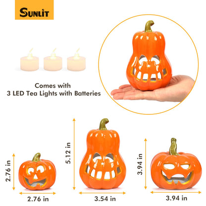 Sunlit Ceramic Pumpkin with 3 Tea Lights, Jack O Lantern Candle Holder Set of 3, Tabletop Indoor Halloween Decorations for Holiday Party Home
