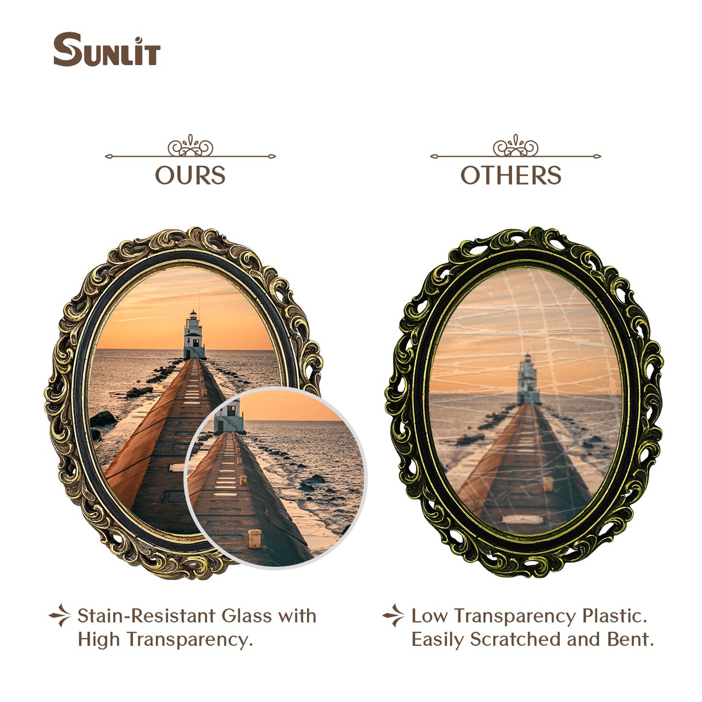 Sunlit Vintage Picture Frame 4x6 Inch, Oval Antique Photo Frames with Glass Front, Luxury Photo Display, Tabletop Wall Hanging, Gift Ideas, Golden Brown