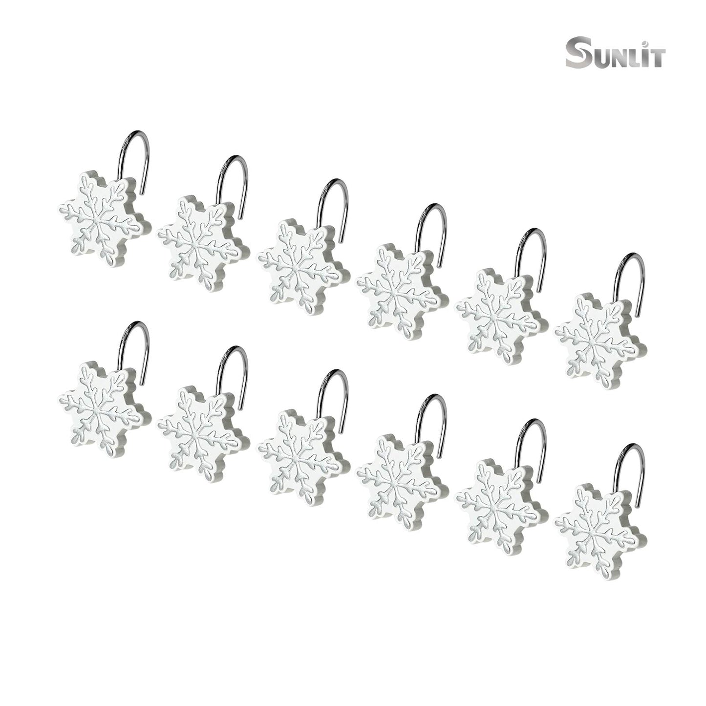 Sunlit Christmas Shower Curtain Hooks Silver Snowflakes Shower Curtain Rings, Resin, White Christmas Decor, Winter Bathroom Decoration - 12 Pack