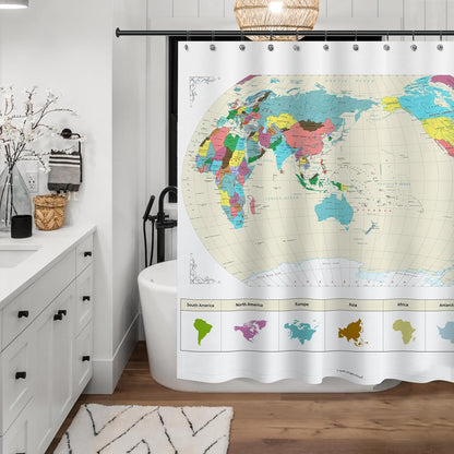 Sunlit Updated World Map Fabric Shower Curtain, Map of The World with Detailed Major Cities Shower Curtains for Kids, Geography Educational Bathroom Curtain, Large Home Decor Wall Map, 71" x 71"