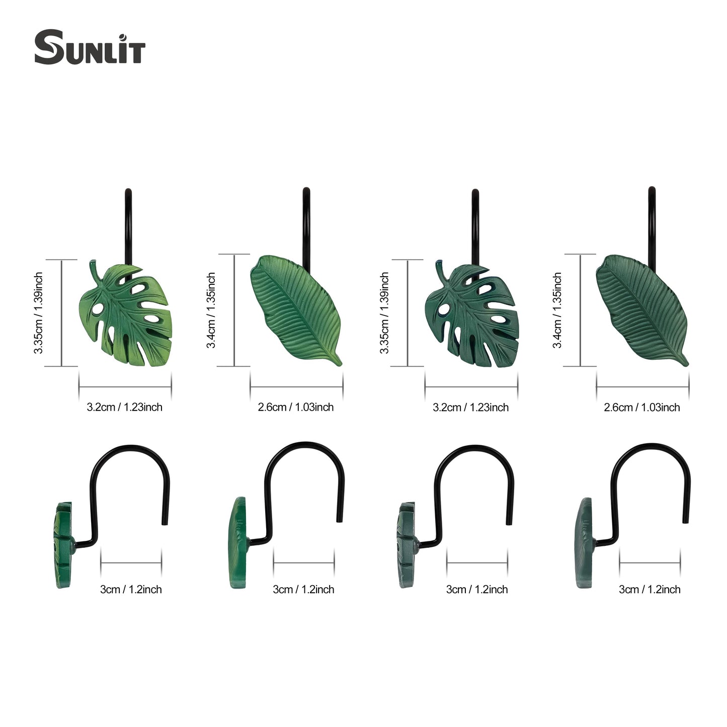 Tropical Leaf Decorative Shower Curtain Hooks Green Botanical Shower Curtain Rings, Resin, Monstera Deliciosa Leaves Shower Curtain Hangers for Bathroom, Set of 12