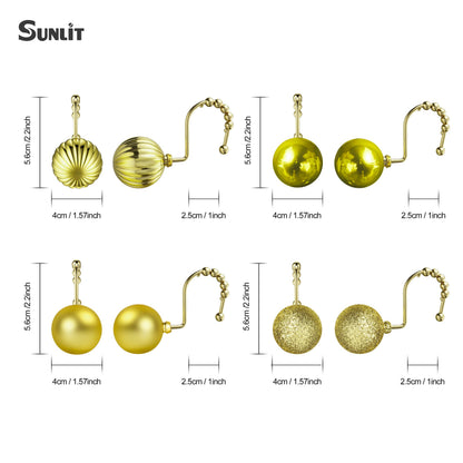 Sunlit Christmas Balls Decorative Shower Curtain Hooks, Shower Curtain Rings with Roller Balls, Xmas Theme Winter Holiday Bathroom Decoration, Set of 12, Red