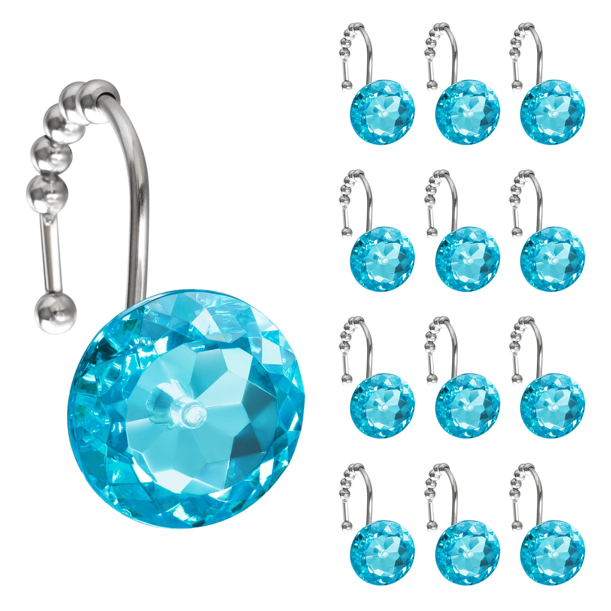 Sunlit Round Rhinestone Shower Curtain Hooks with Glide Balls, 12 Pack