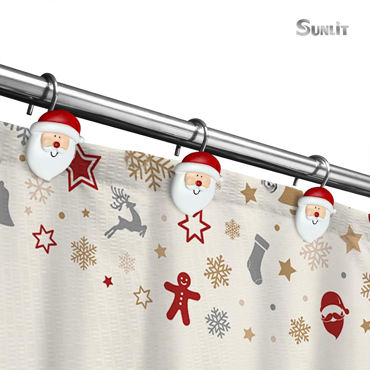 Sunlit Merry Christmas Shower Curtain Hooks Smiling Santa Claus Shower Curtain Rings, Resin, Christmas Decor, Winter Bathroom Decoration - 12 Pack