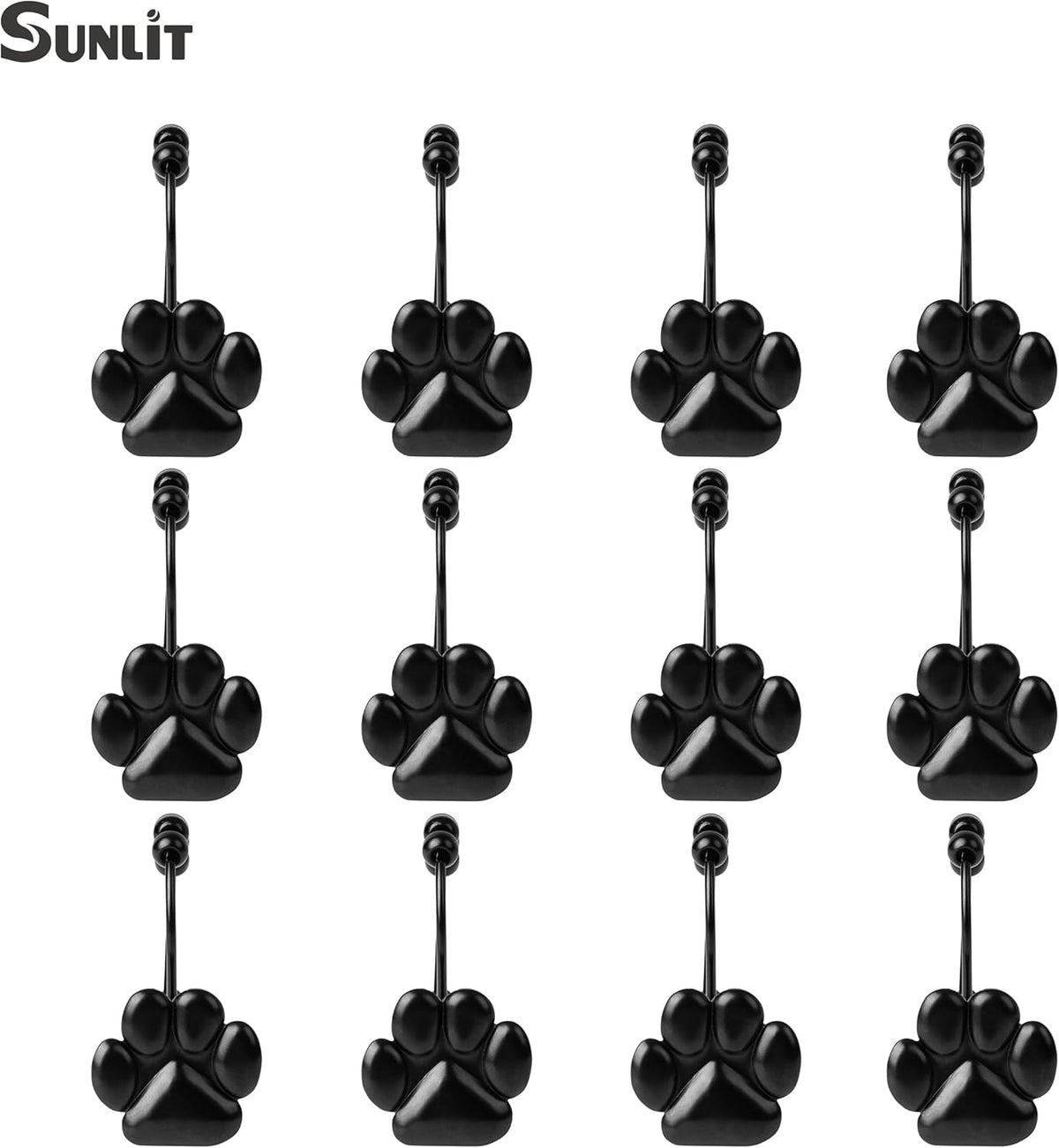 Sunlit Fashion Design Cute Paw Print Polished Double Shower Curtain Hooks for Dog Cat and Bear, Rust Proof Oil Metal Shower Curtain Rings, Black-12 Pack
