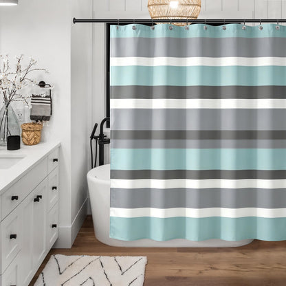 Sunlit Sage Green Gray Horizontal Stripes Water-Repellent Fabric Shower Curtain with Reinforced Metal Grommets Refreshing Striped Design Bathroom Decor, 72x72