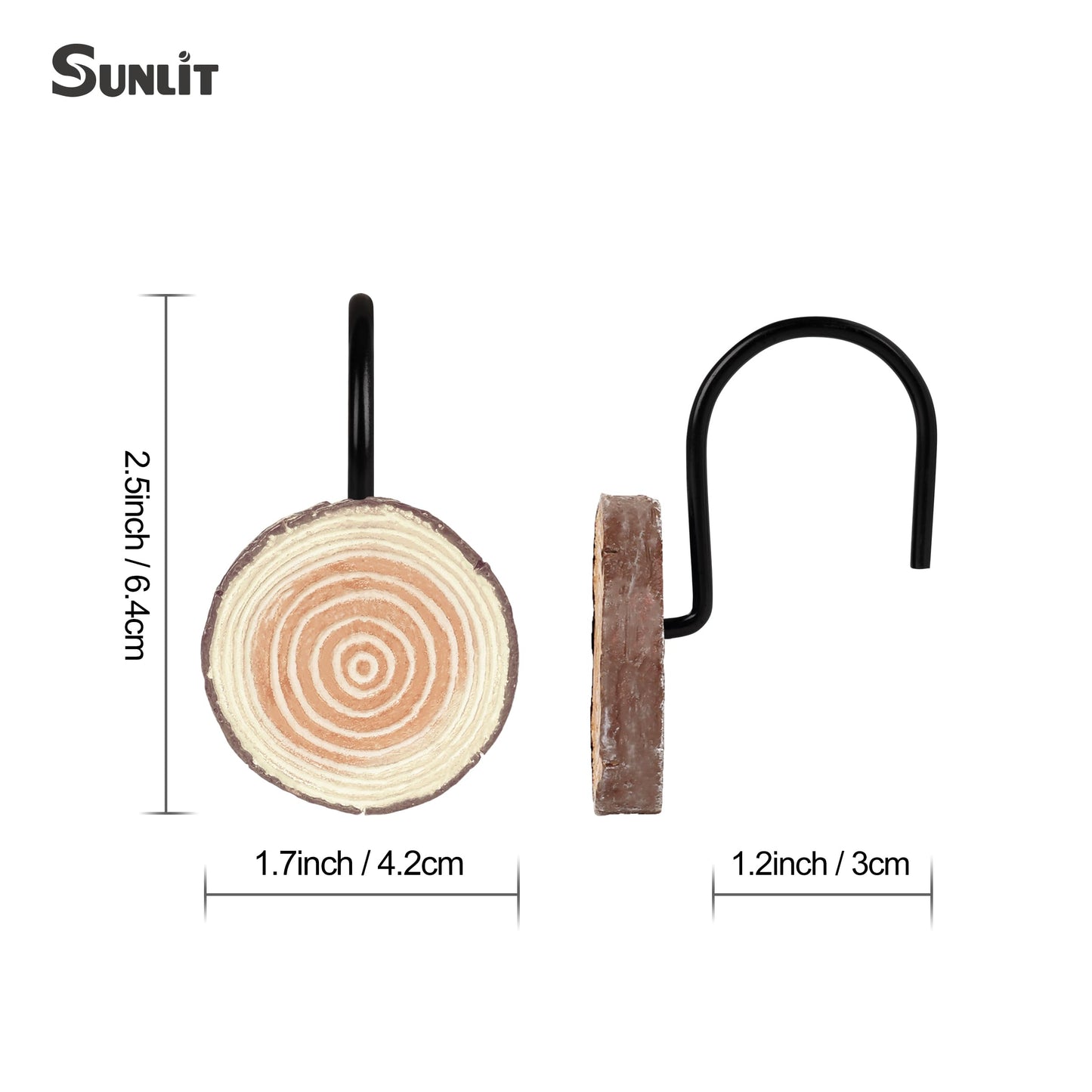 Sunlit Farmhouse Wooden Slices Shower Curtain Hooks, Rustic Home Decorative Shower Curtain Rings for Bathroom, Resin Shower Curtain Hangers Bathroom Accessories, Set of 12