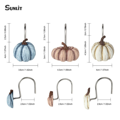 Sunlit Fall Pumpkin Decorative Shower Curtain Hooks, Autumn Harvest Festival Shower Curtain Rings, Resin Farmhouse Bathroom Curtain Hangers Decoration, Set of 12, Orange Blue White